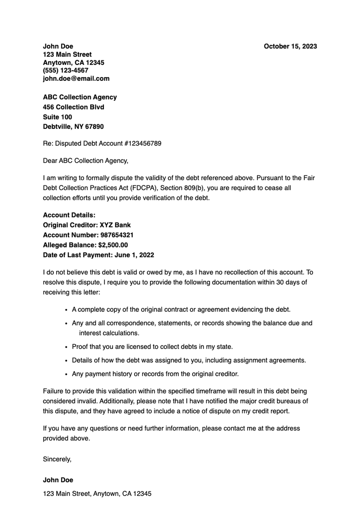 Debt dispute letter template to debt collector with request for validation details_variant_2